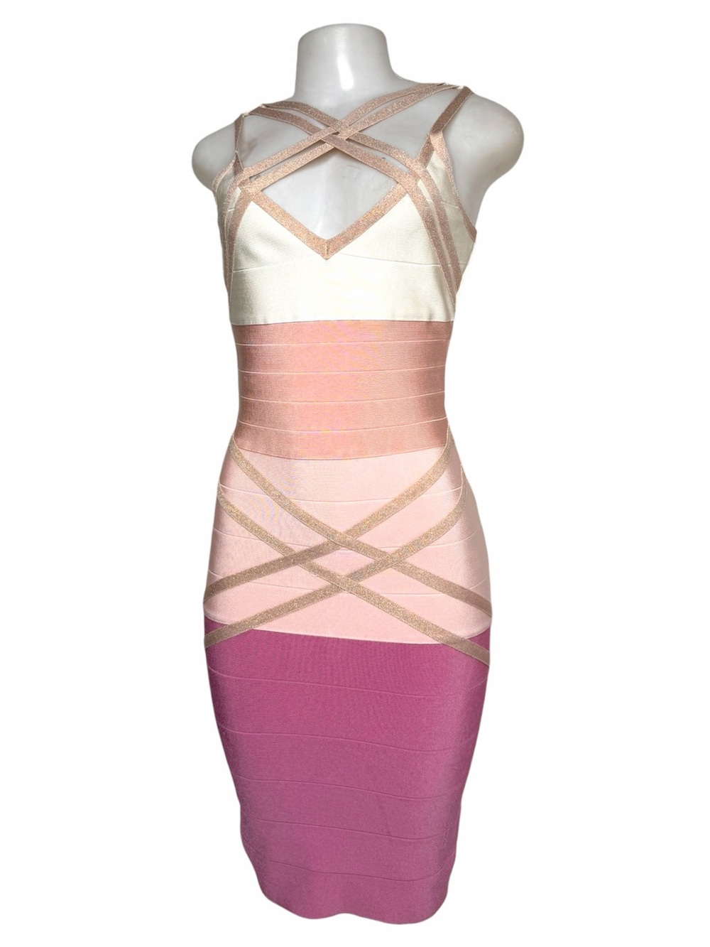 VENUS Colorblock Bandage Dress Pink Nude Bodycon Cage Strap Midi Dress S